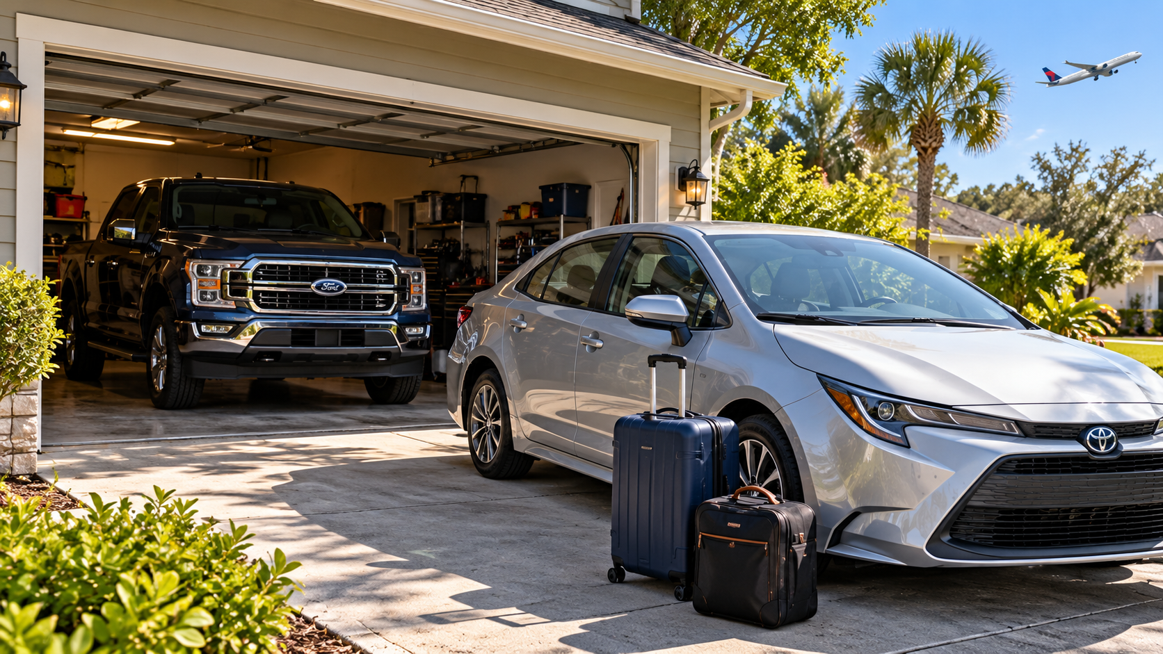 Pickup truck parked inside a residential garage while a silver rental sedan and packed luggage wait in the driveway for an airport trip.