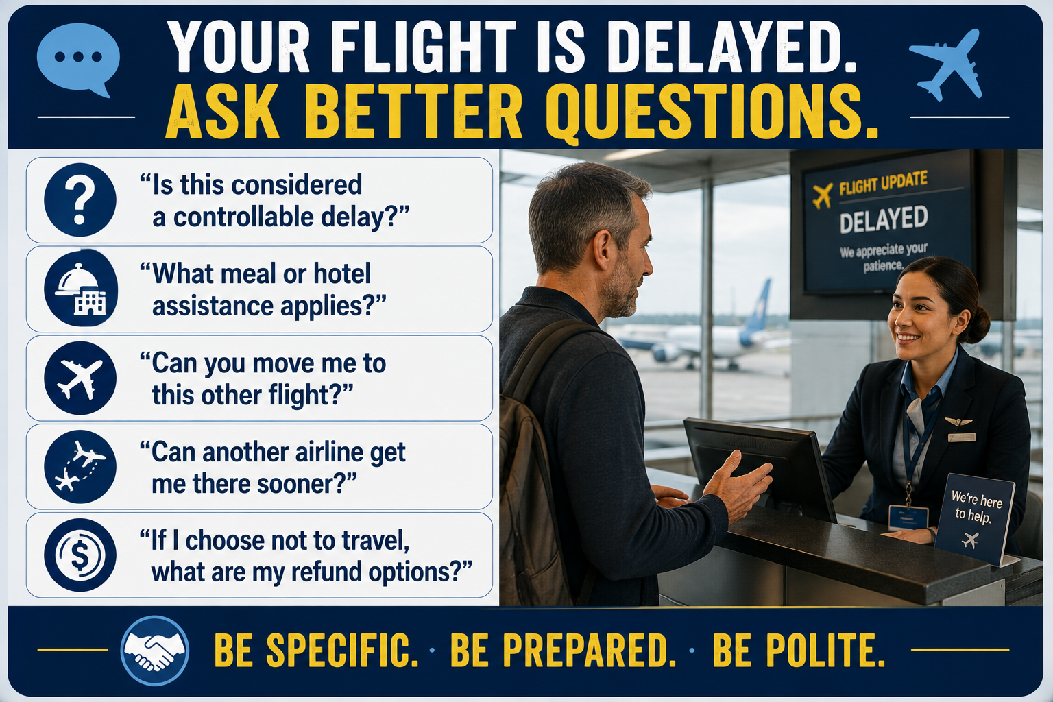 Five questions to ask a gate agent during a flight delay, covering controllable delays, meals and hotels, alternative flights, other airlines and refund options.