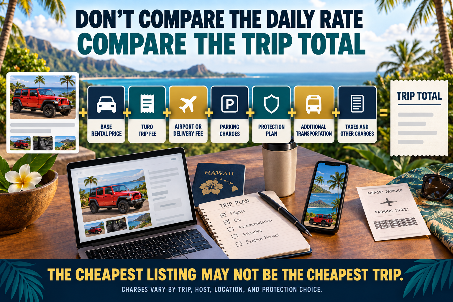 Peer-to-peer car-sharing price calculation adding the base rental price, trip fee, airport or delivery fee, parking, protection, additional transportation, taxes and other charges to reach the complete trip total.