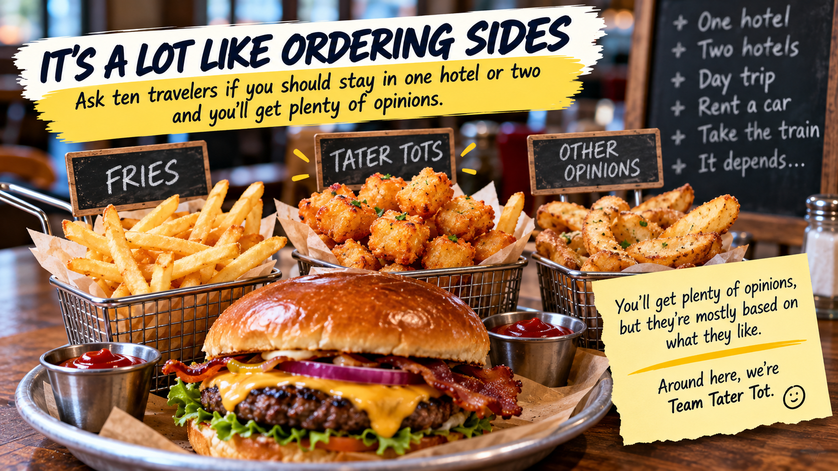Hamburger with French fries, tater tots and potato wedges illustrating how travel-planning preferences, like choosing one hotel or two, depend on personal taste.
