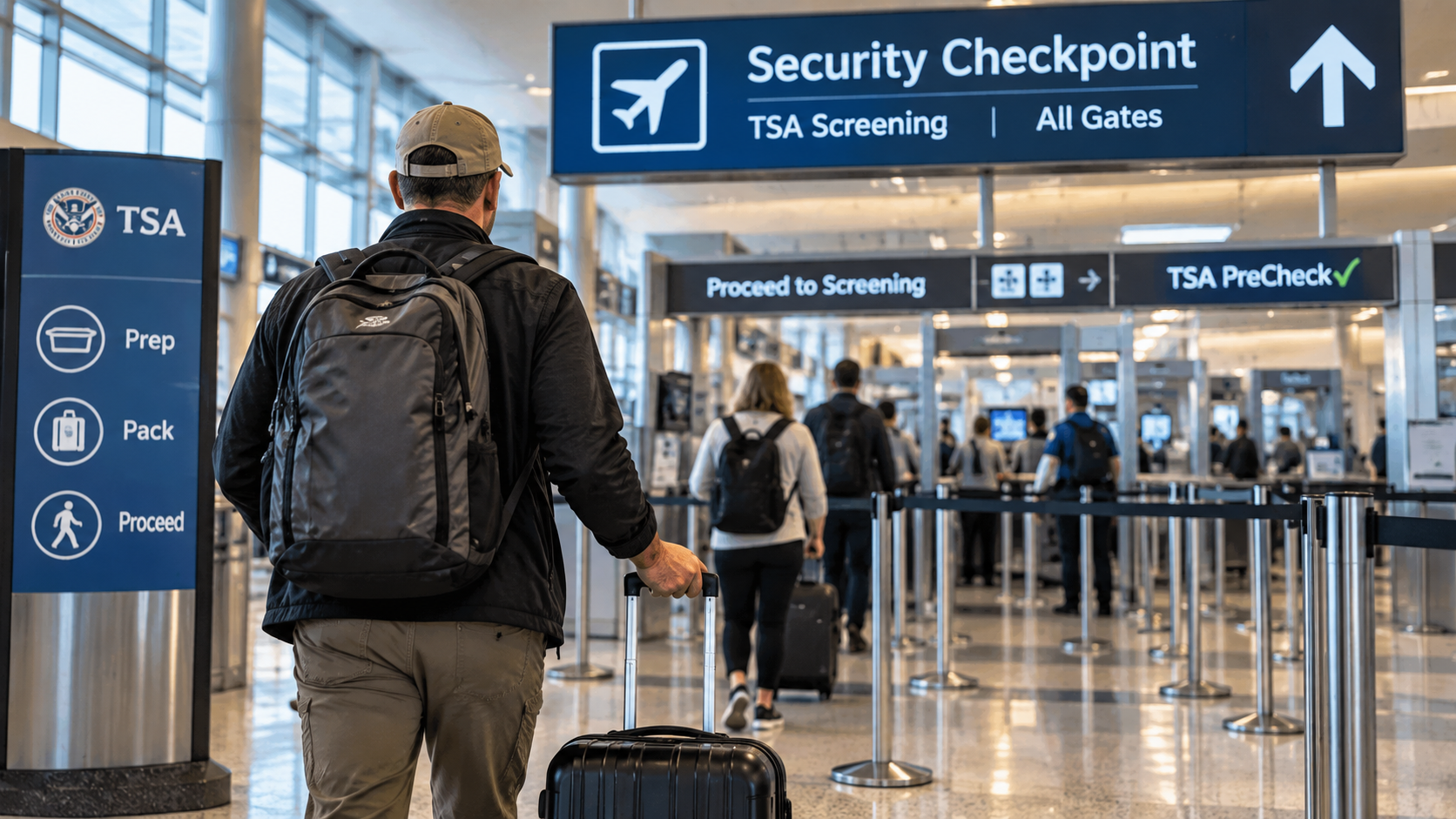 A traveler with carry-on luggage approaches a TSA security checkpoint inside a U.S. airport terminal, illustrating what passengers can expect before beginning the screening process.