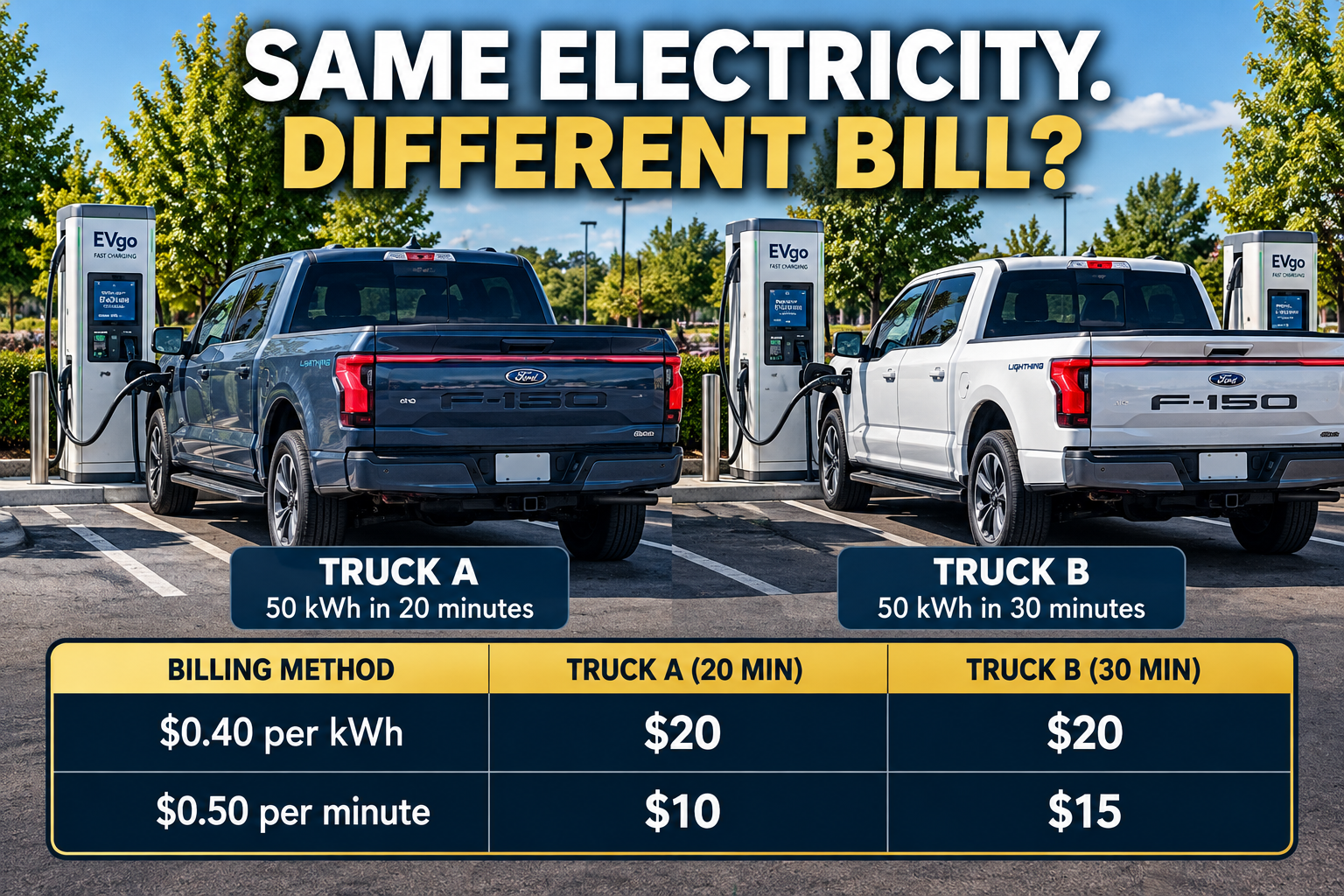 Two Ford F-150 Lightning trucks receive the same 50 kWh of electricity. A comparison table shows both pay $20 under energy-based billing, while per-minute billing produces totals of $10 and $15.
