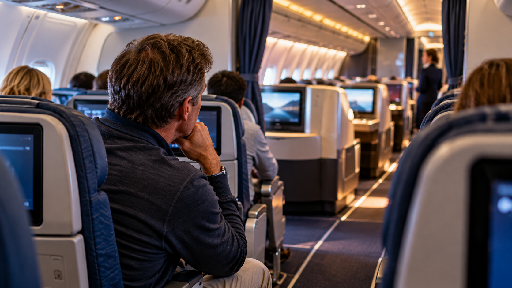 Downgraded airline passenger seated in Economy looking forward toward the Business Class cabin he originally booked.