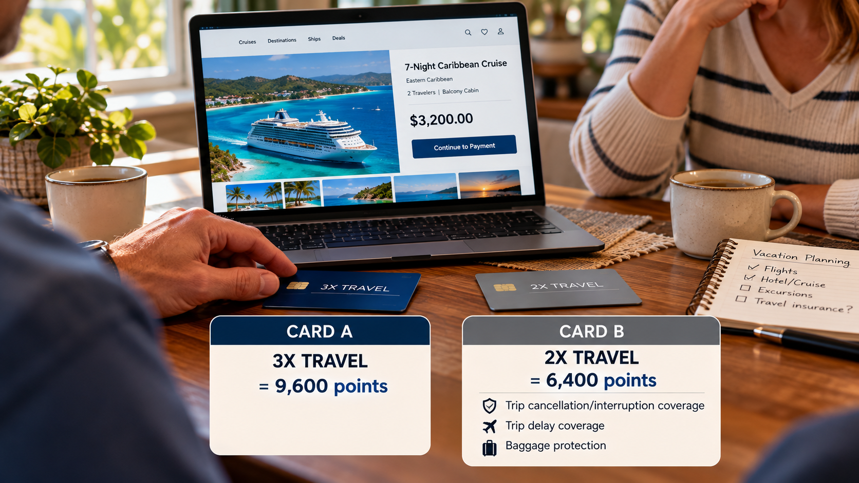 Couple booking a $3,200 Caribbean cruise while comparing a card earning 9,600 points against one earning 6,400 points with additional trip cancellation, trip delay and baggage protections.
