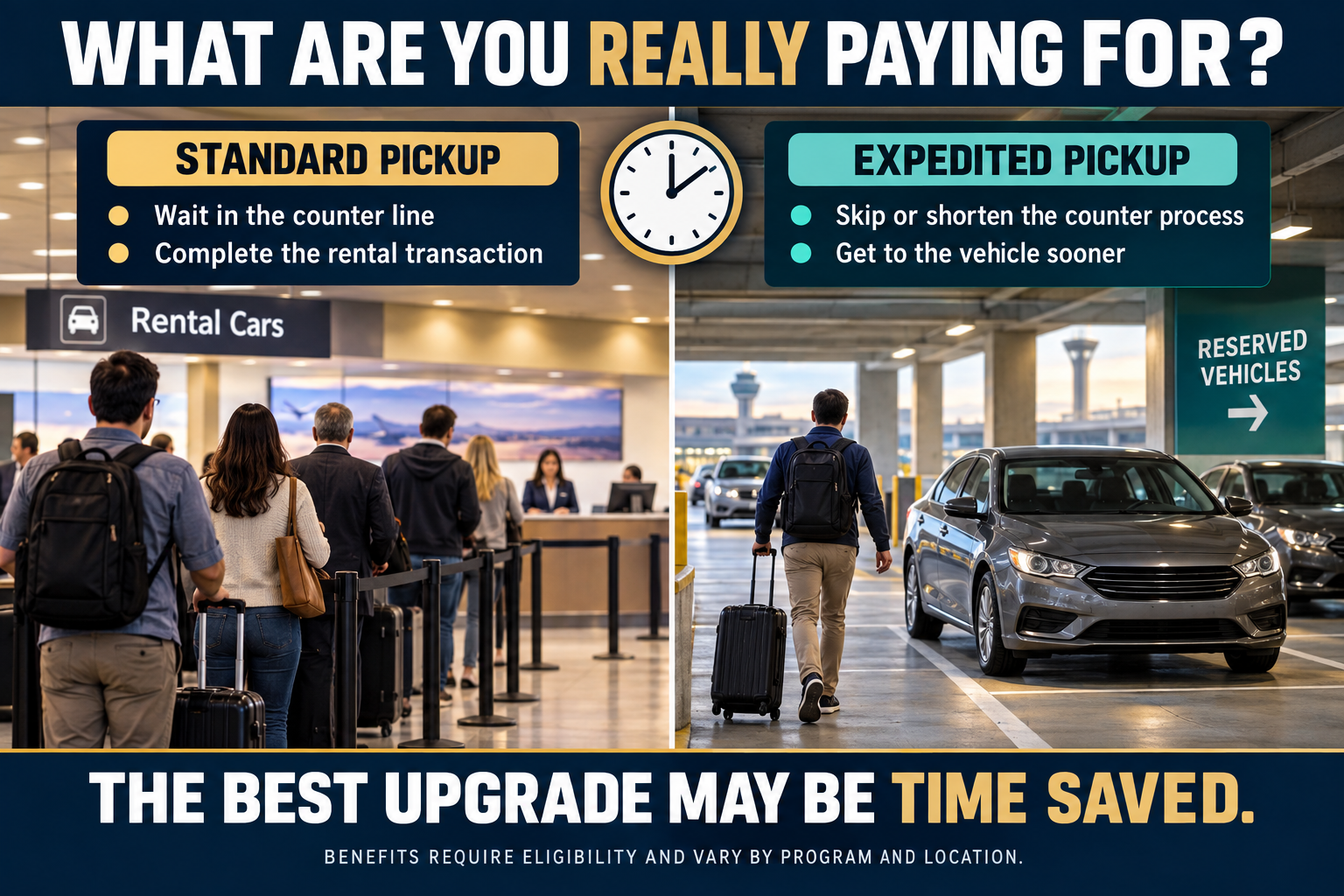Standard rental pickup with travelers waiting at a counter compared with an expedited pickup path leading directly toward reserved vehicles, illustrating the potential value of time saved.