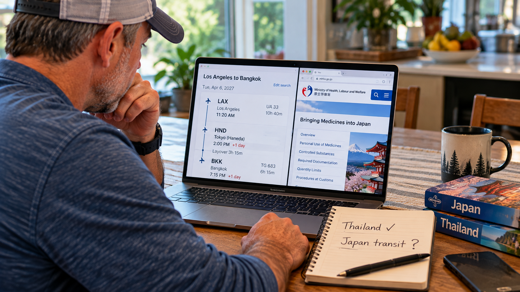 Traveler at home reviewing a Los Angeles to Tokyo to Bangkok itinerary and researching Japanese medication rules before departure.
