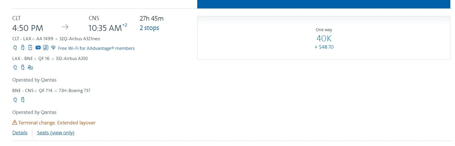 American Airlines search results showing the same Charlotte-to-Cairns itinerary priced at $1,489 cash and 40,000 miles plus $48.70.