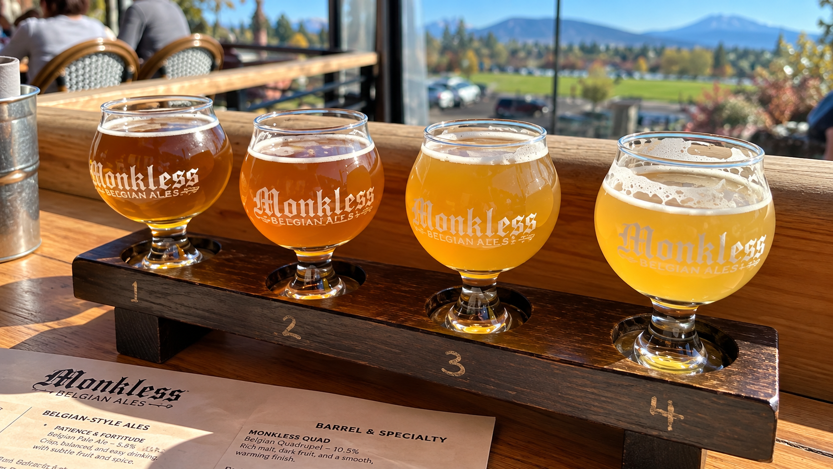 Four Belgian-style craft beers in Monkless-branded glasses on a wooden tasting flight at Monkless Belgian Ales in Bend, Oregon.