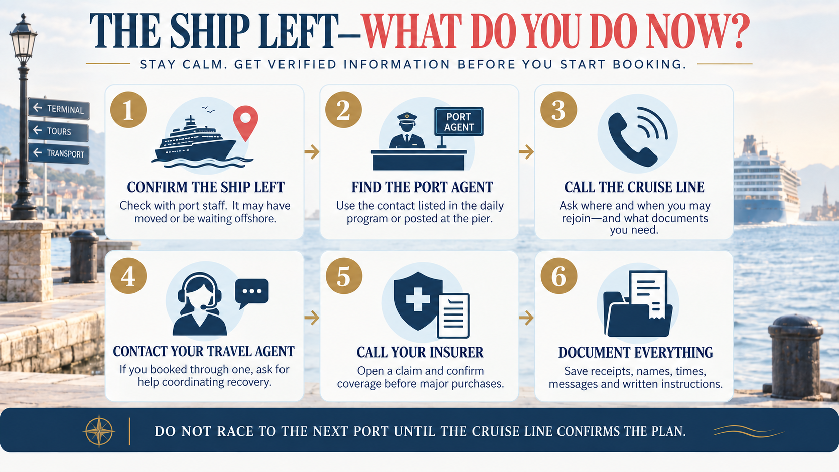 Six-step cruise recovery plan covering confirmation of the ship’s departure, contacting the port agent and cruise line, seeking travel-agent and insurance assistance, and documenting expenses.