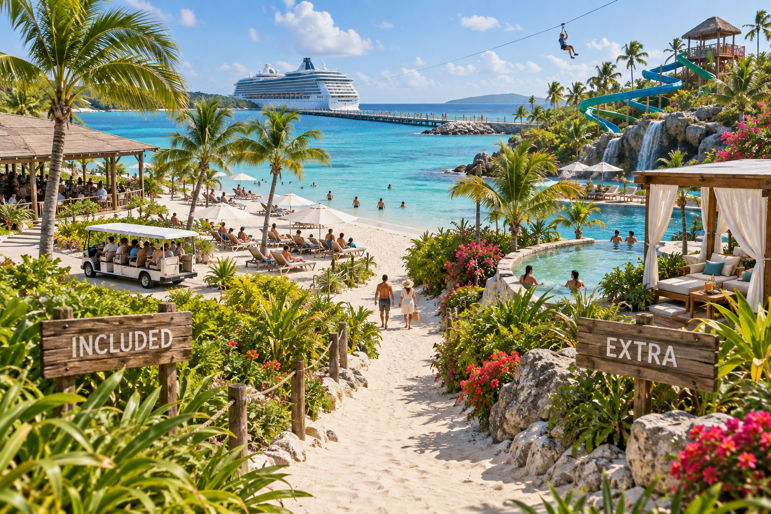 Cruise private-destination scene contrasting an included beach, lunch pavilion and tram with extra-cost cabanas, pool, waterslide and zip line.
