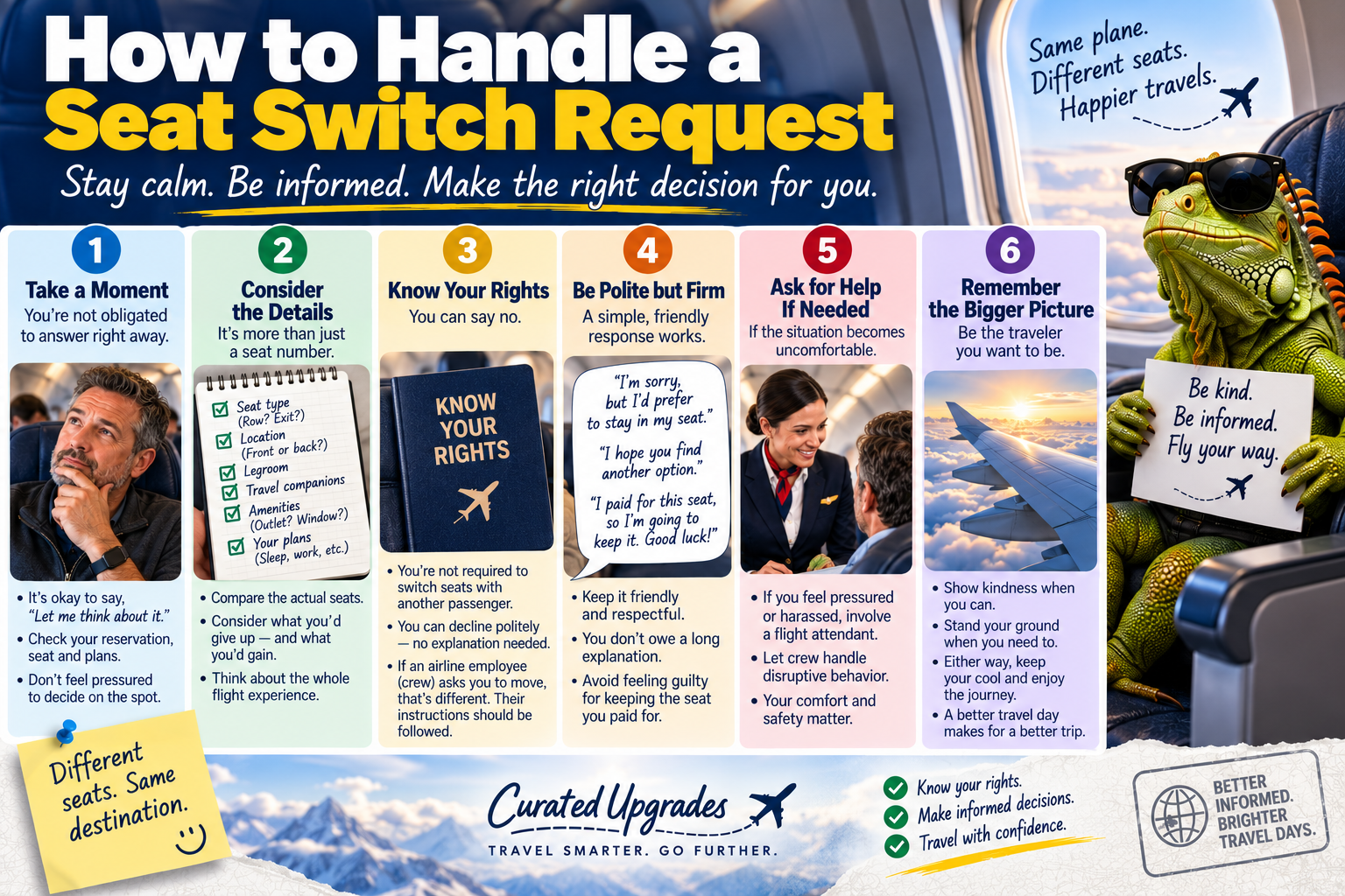 Six-step guide to handling an airplane seat-switch request, including comparing the seats, knowing when you can decline, responding politely, asking a flight attendant for help if needed, and making the decision that works for your trip.