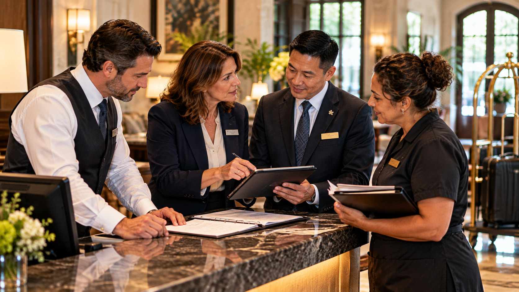 Diverse team of hotel hospitality professionals reviewing guest arrangements together at a reception desk, illustrating the teamwork behind a successful hotel stay.