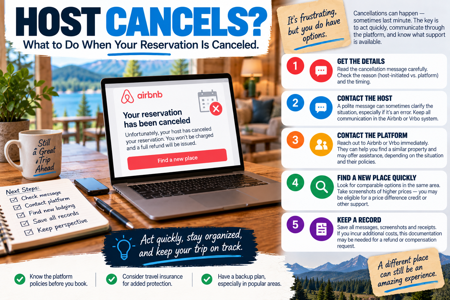 Vacation rental cancellation guide showing a traveler receiving notice that a host canceled a reservation, with steps to review the cancellation, contact the host and platform, search for replacement lodging and save records of additional costs.