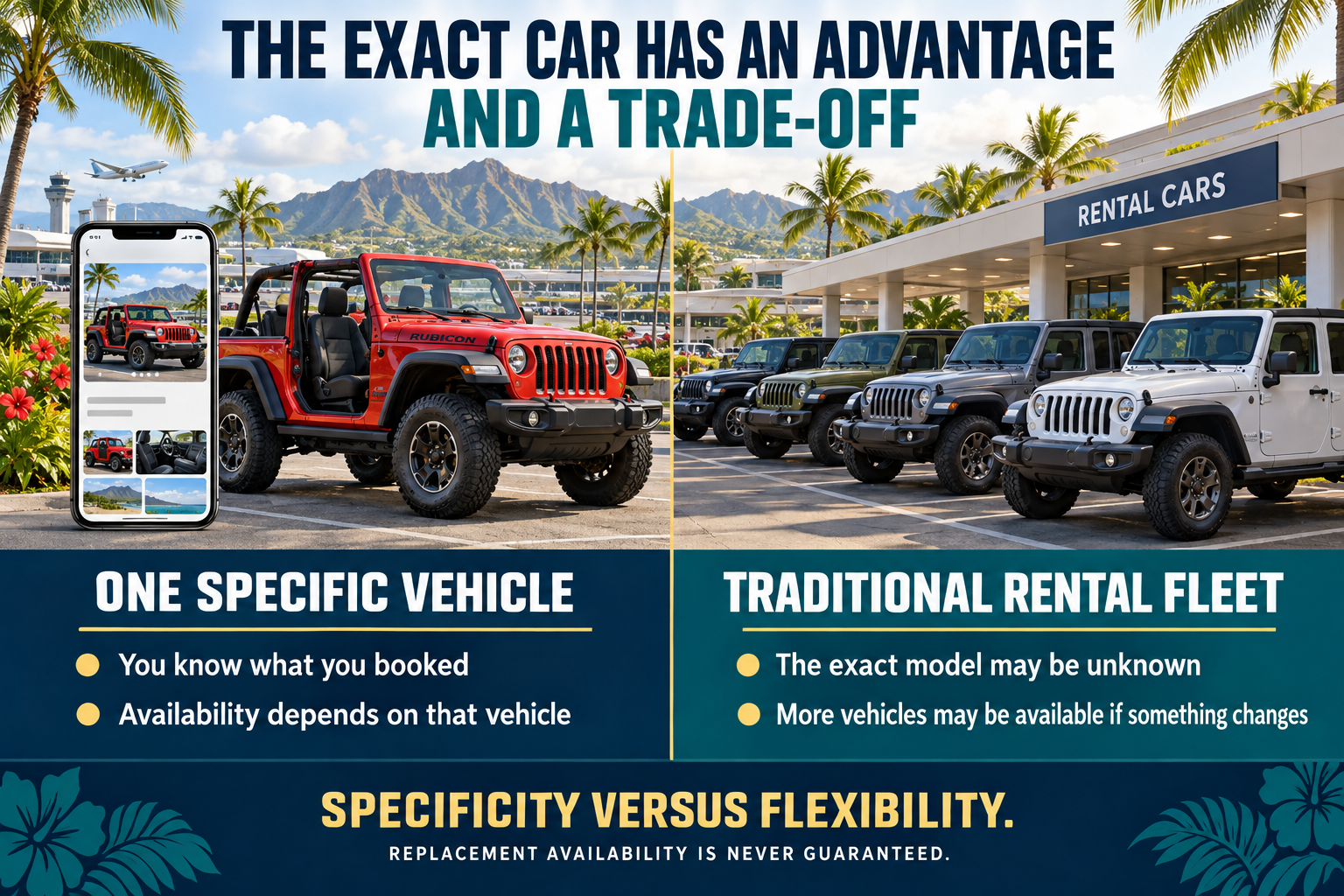 One specific red Jeep selected through a peer-to-peer listing compared with a traditional rental fleet of several Jeeps, illustrating the trade-off between vehicle specificity and potential replacement flexibility.