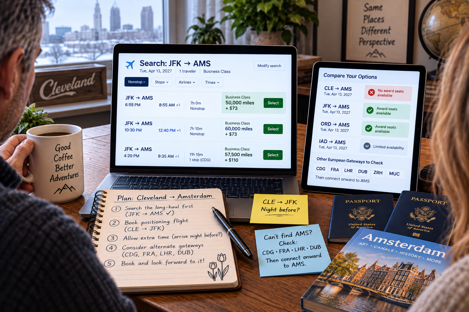 Travelers planning a Cleveland to Amsterdam trip by searching long-haul award flights from gateway airports first, then considering a Cleveland to JFK positioning flight.