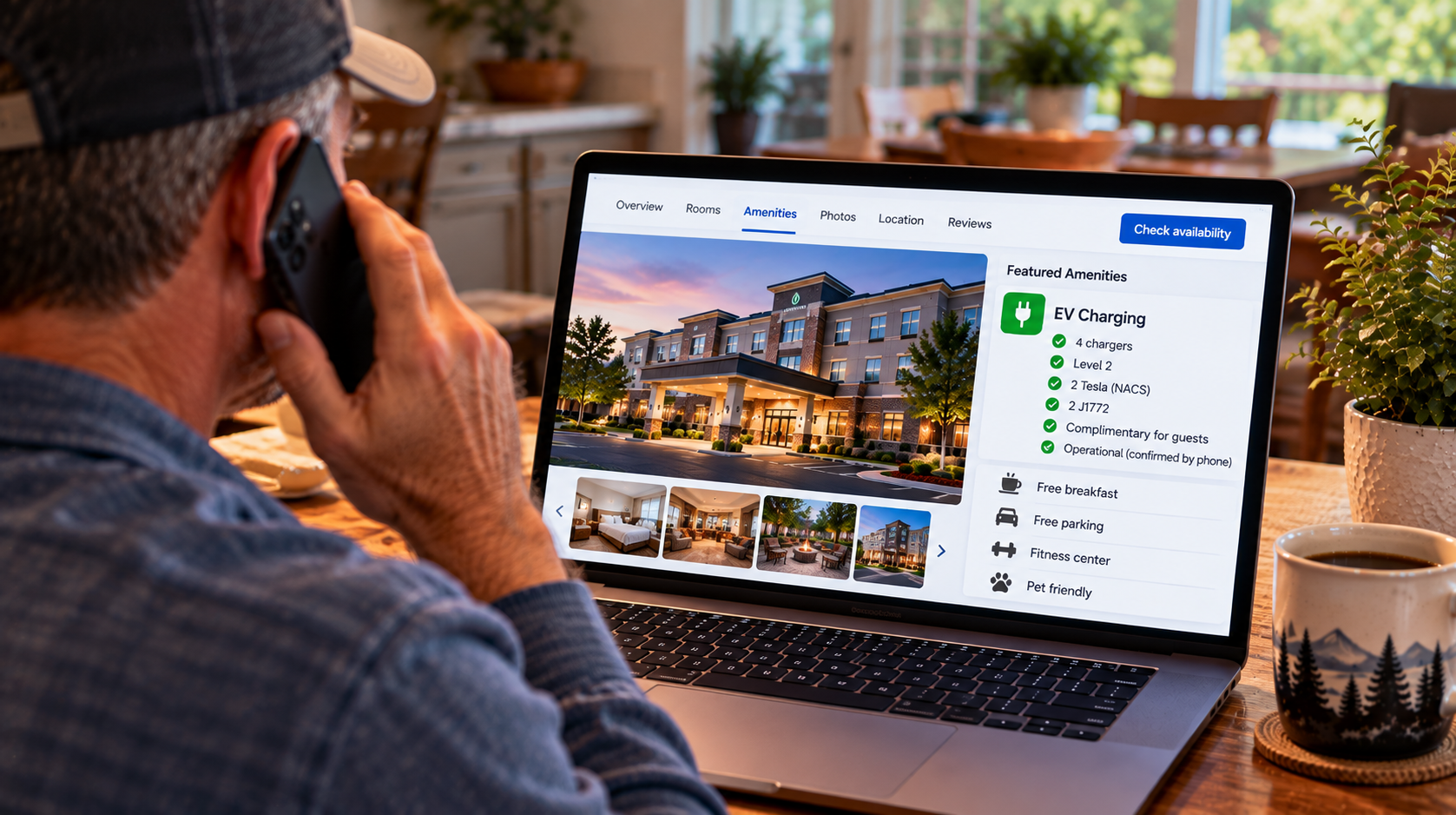 Traveler calling a hotel directly to verify the number, type, cost and operating status of its EV chargers before booking.