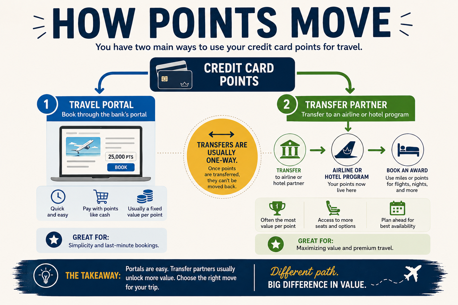Infographic showing how credit card points can either be redeemed through a travel portal or transferred to an airline or hotel loyalty partner.