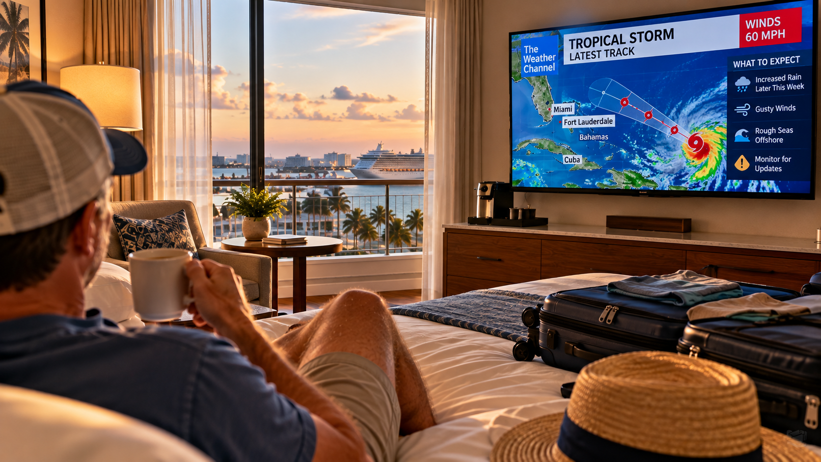 Traveler already in a Florida hotel before a cruise while the television tracks an offshore tropical storm approaching Fort Lauderdale.