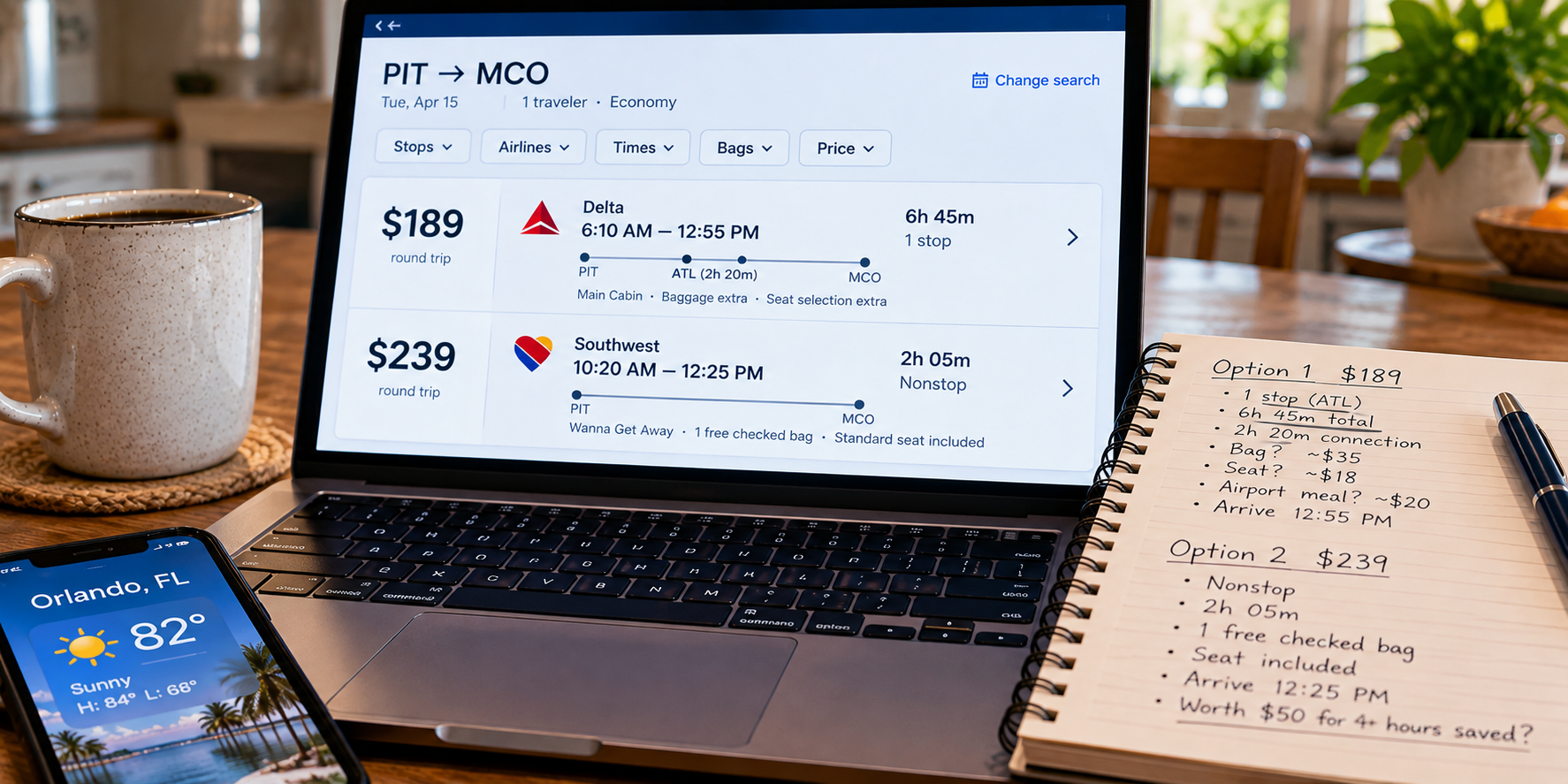 Traveler comparing a lower-priced connecting flight with a slightly more expensive nonstop while considering travel time and additional costs.