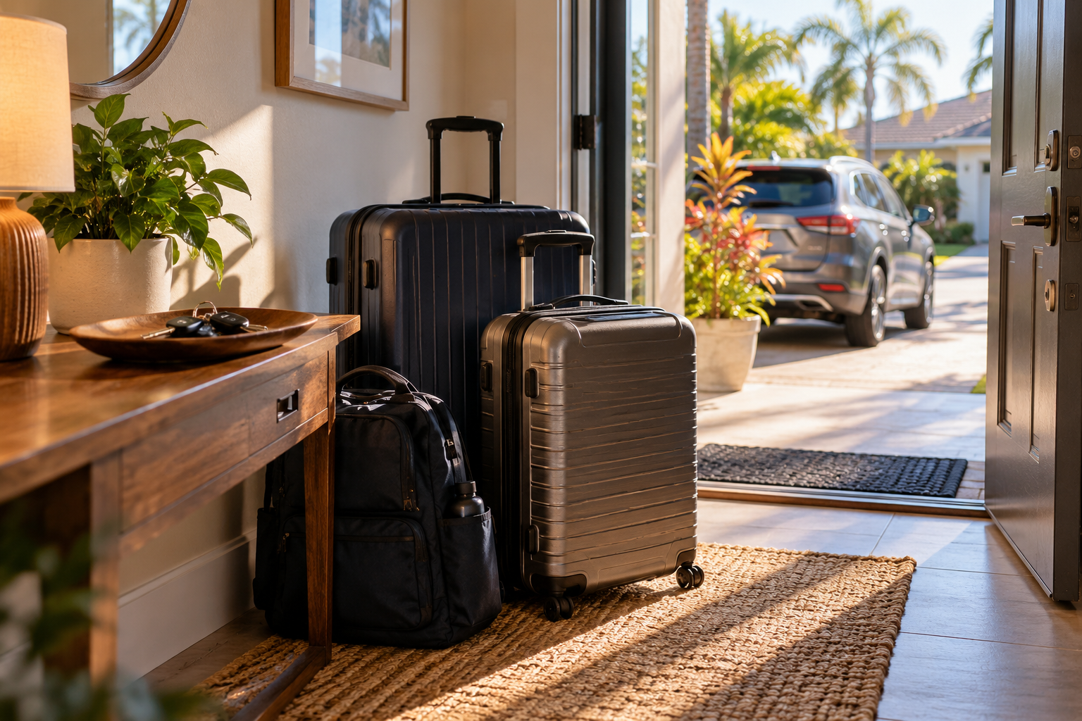 Packed luggage and travel essentials ready at home before the start of an international travel day.