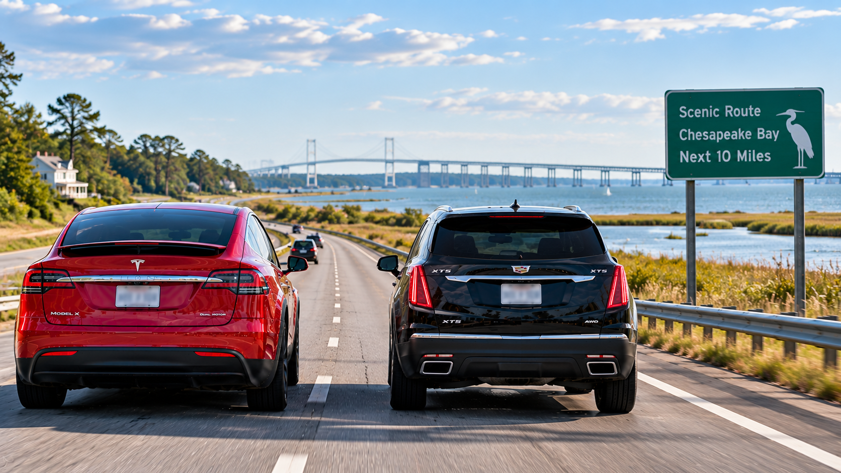 Red Tesla Model X and black Cadillac XT5 representing a real-world electric-versus-gasoline road-trip cost comparison.
