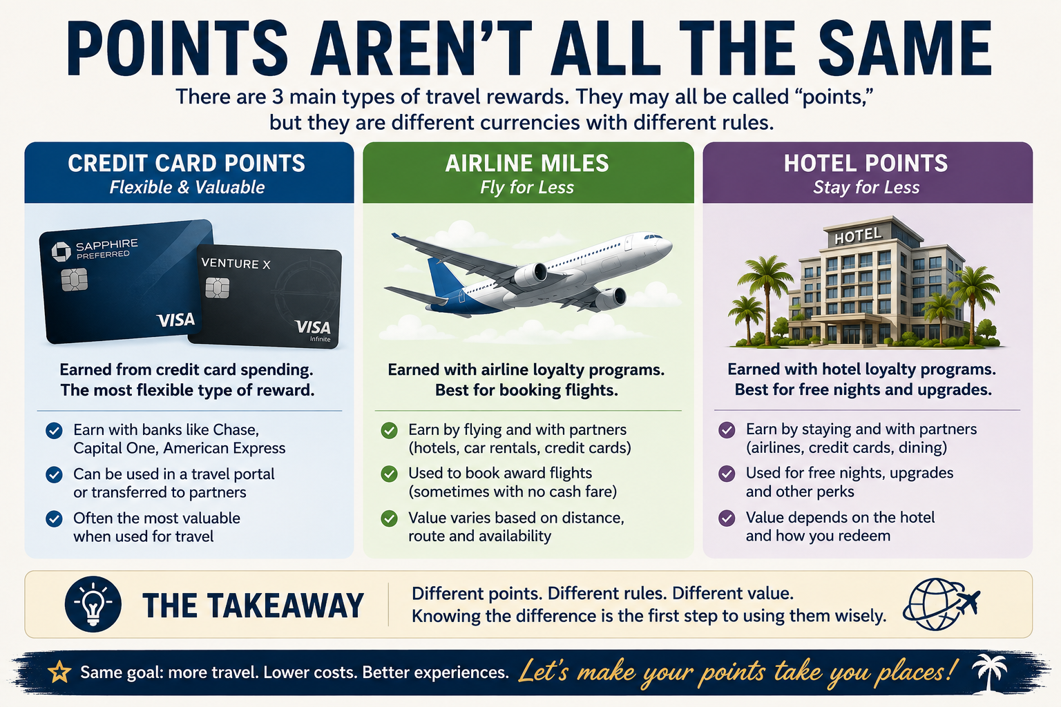 Infographic explaining the differences between transferable credit card points, airline miles and hotel loyalty points.