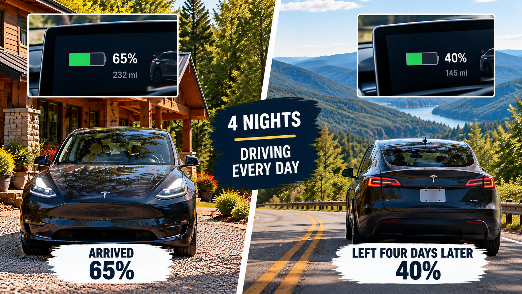 Split comparison showing a Tesla Model Y arriving in North Georgia with 65 percent battery and leaving four days later with 40 percent after driving every day.