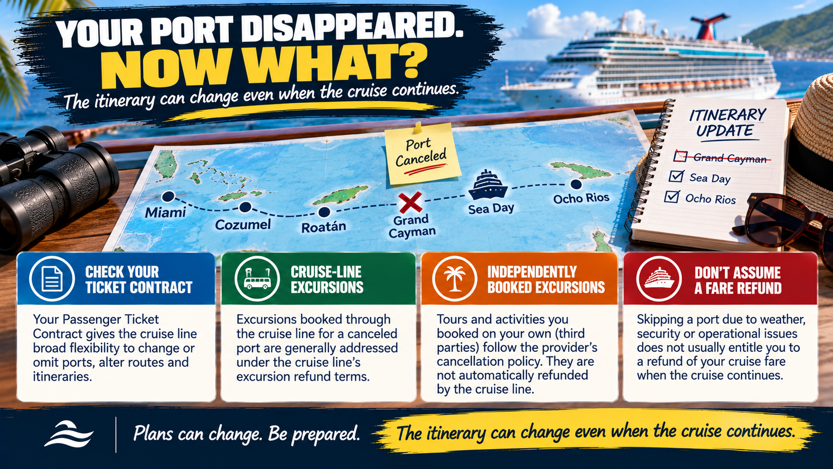 Cruise itinerary infographic explaining that a skipped port is not the same as a canceled cruise and advising passengers to check their passenger contract and shore excursion terms.