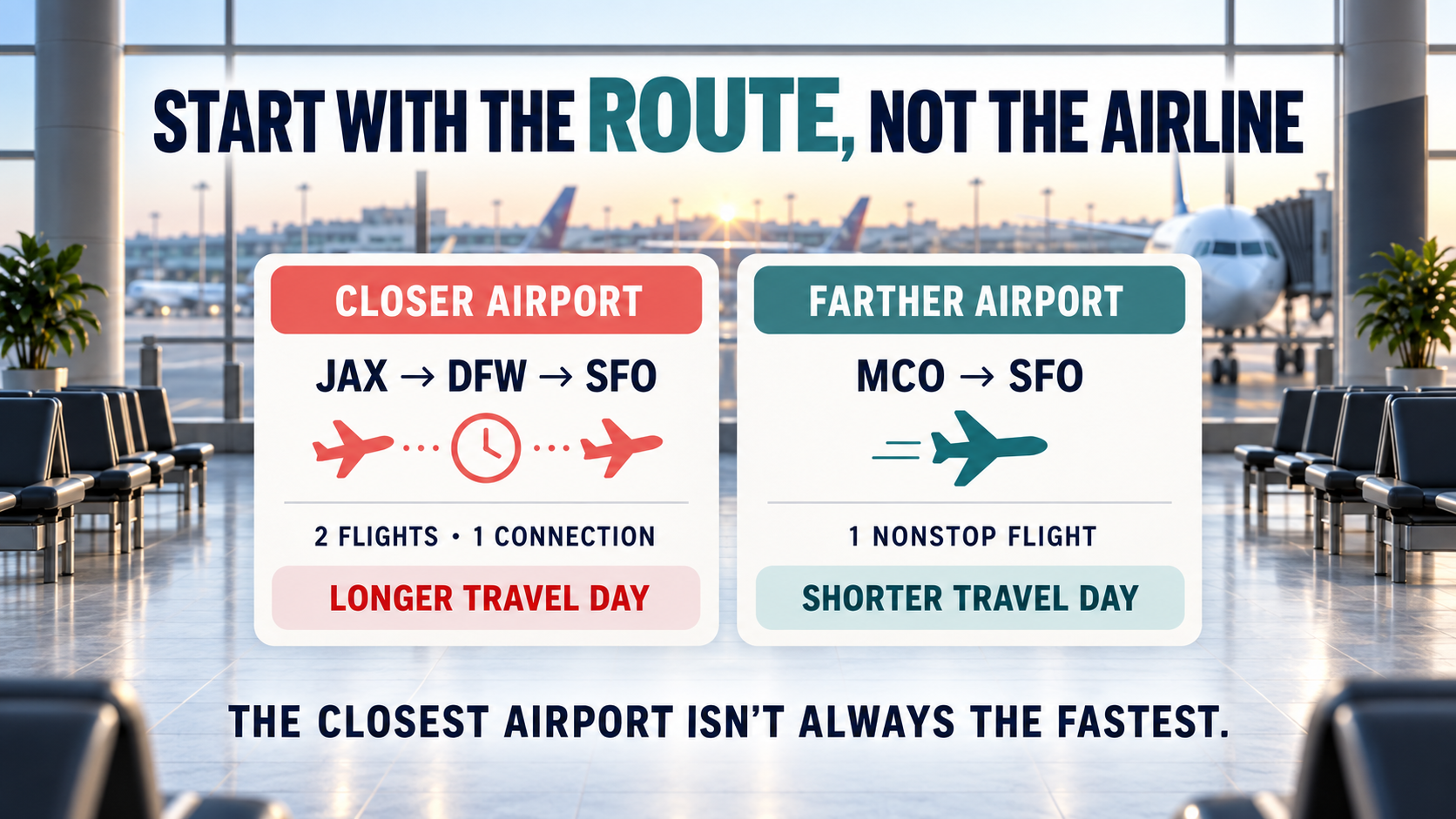 Flight comparison graphic showing that driving farther to MCO for a nonstop flight to SFO can produce a shorter travel day than flying from closer JAX with a connection in DFW.
