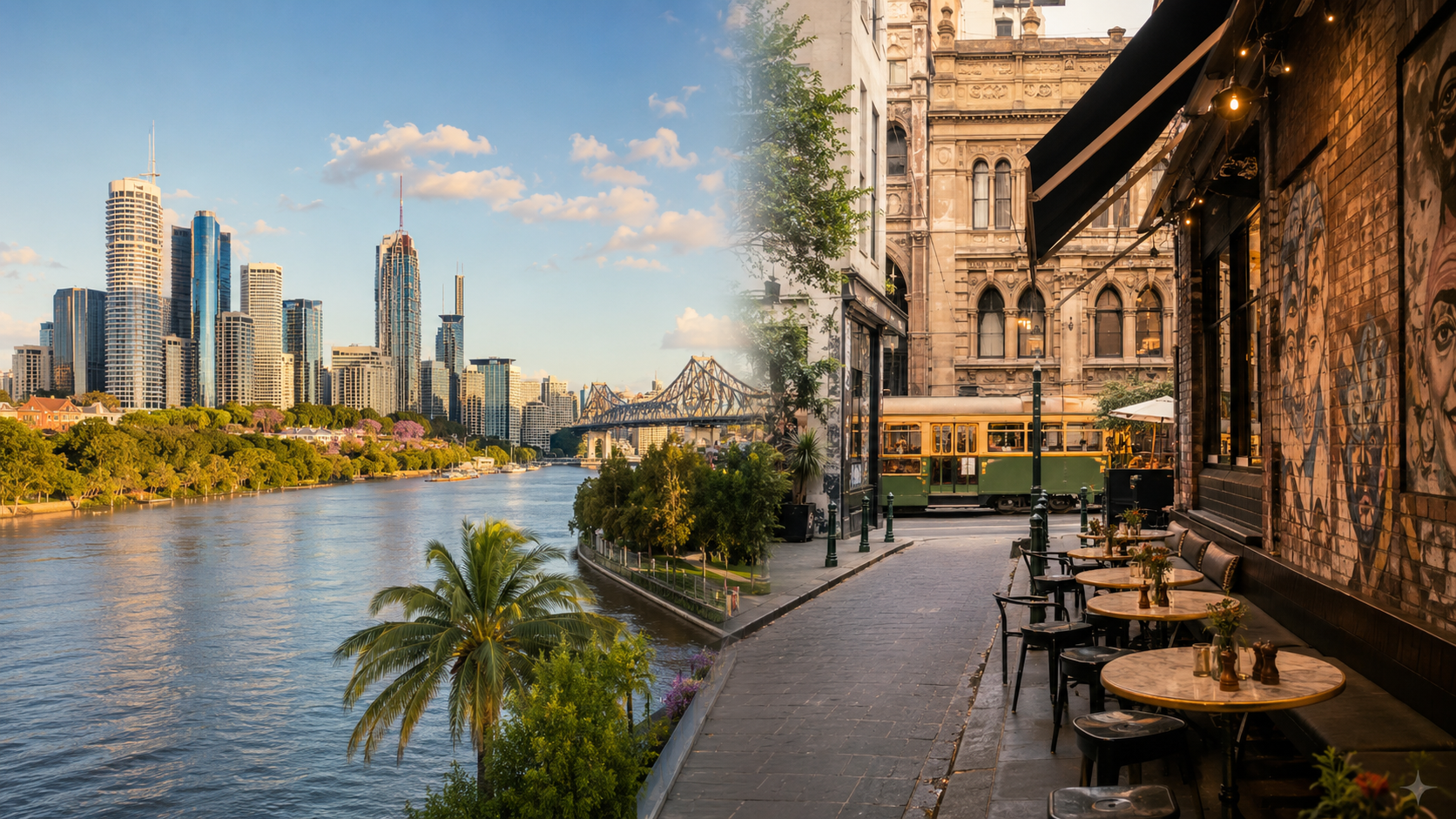 A split travel image comparing Brisbane’s sunny riverfront and skyline with a Melbourne laneway café and tram.