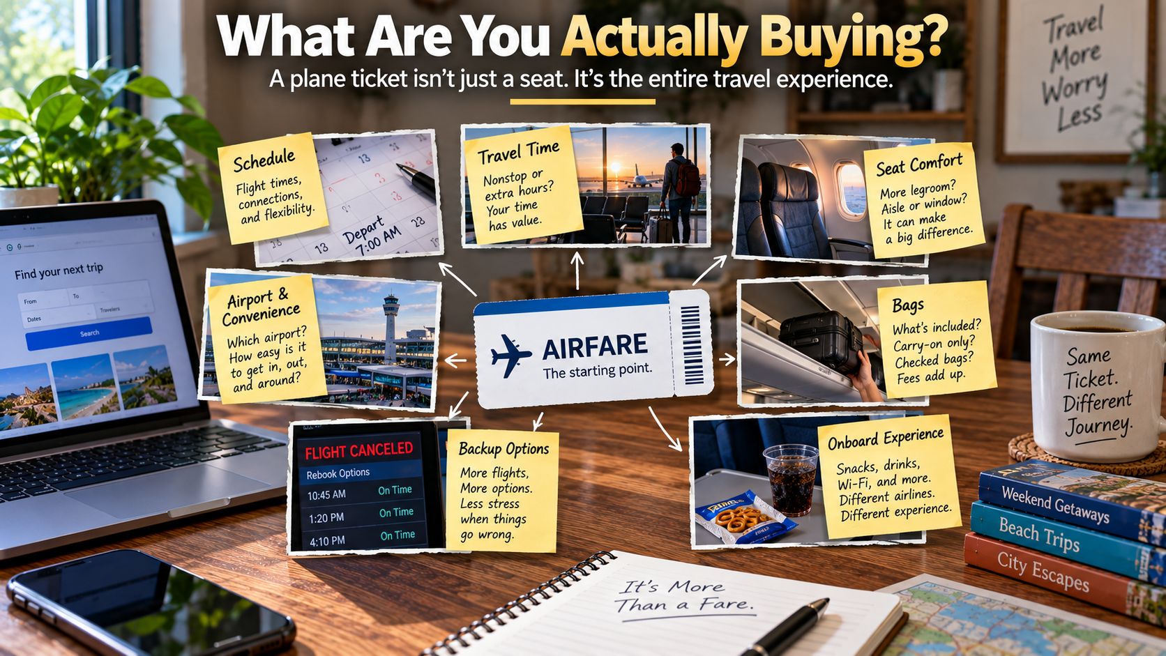 Airfare comparison graphic showing that the value of a flight includes price, schedule, nonstop routing, comfort, baggage, onboard experience, airport convenience and backup options.