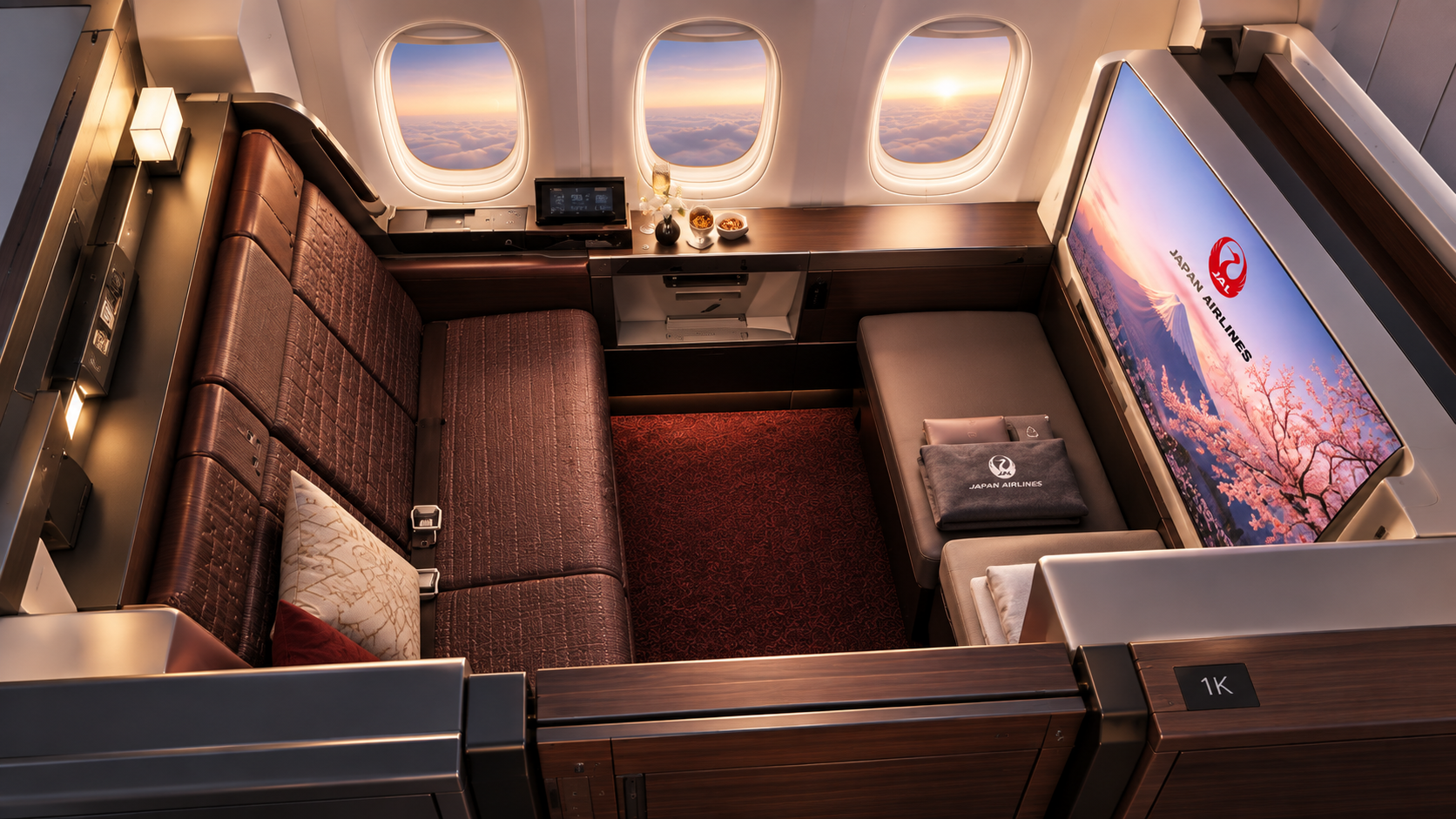 Conceptual illustration of JAL A350-1000 First Class with wide sofa seating, privacy walls and a large entertainment screen.