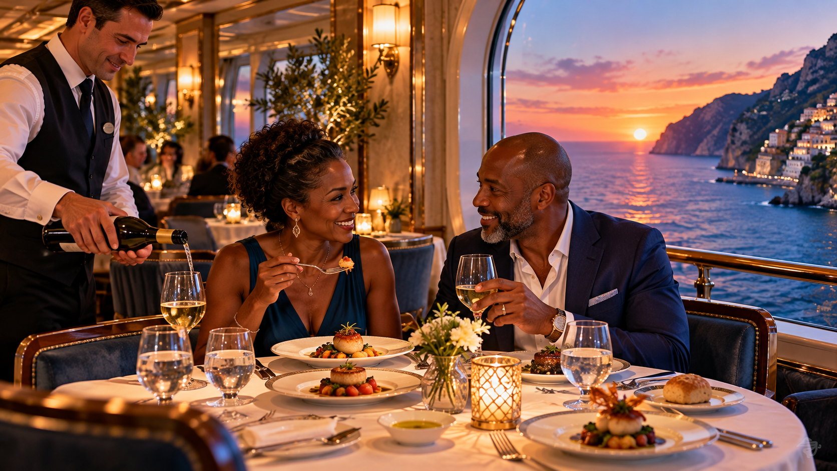 Couple enjoying an intimate specialty dining experience aboard a cruise ship, with gourmet food, attentive wine service, and a Mediterranean sunset beyond the window.