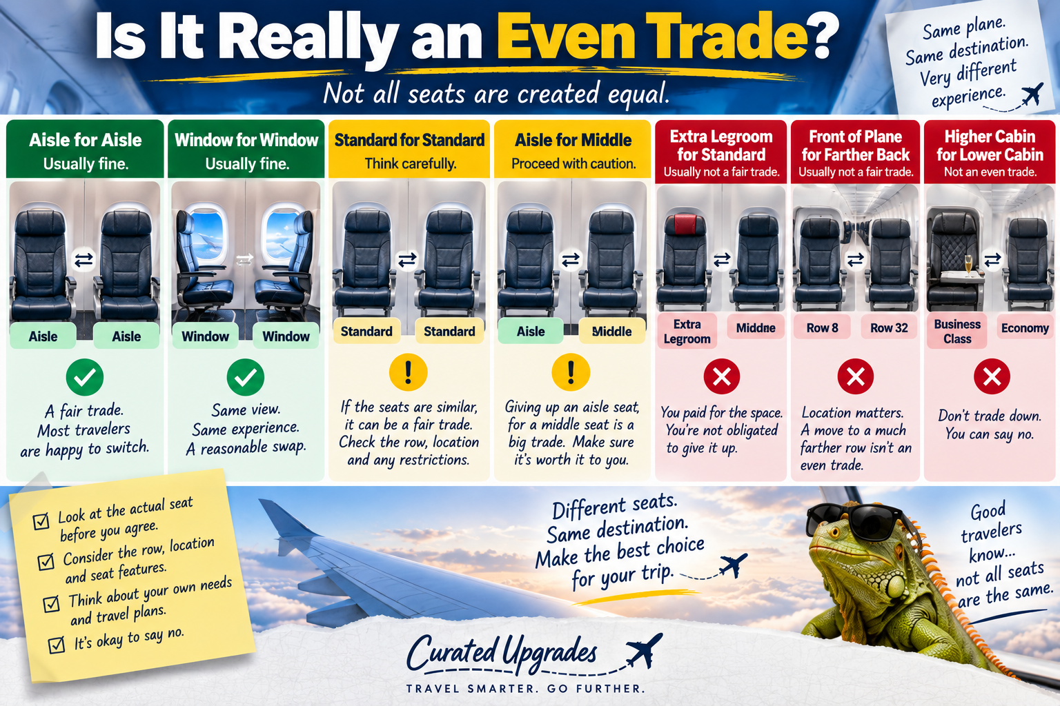 Infographic comparing airplane seat swaps, from equivalent aisle-for-aisle and window-for-window trades to giving up an aisle, extra-legroom, front-row or higher-cabin seat for a less desirable seat.