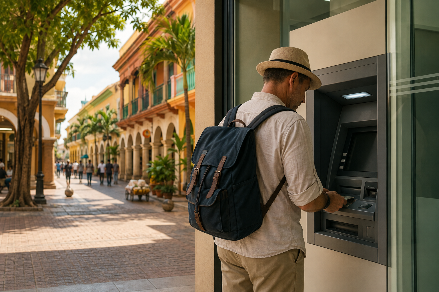 Mature traveler using a bank-affiliated ATM on a colorful, tree-lined street in South America