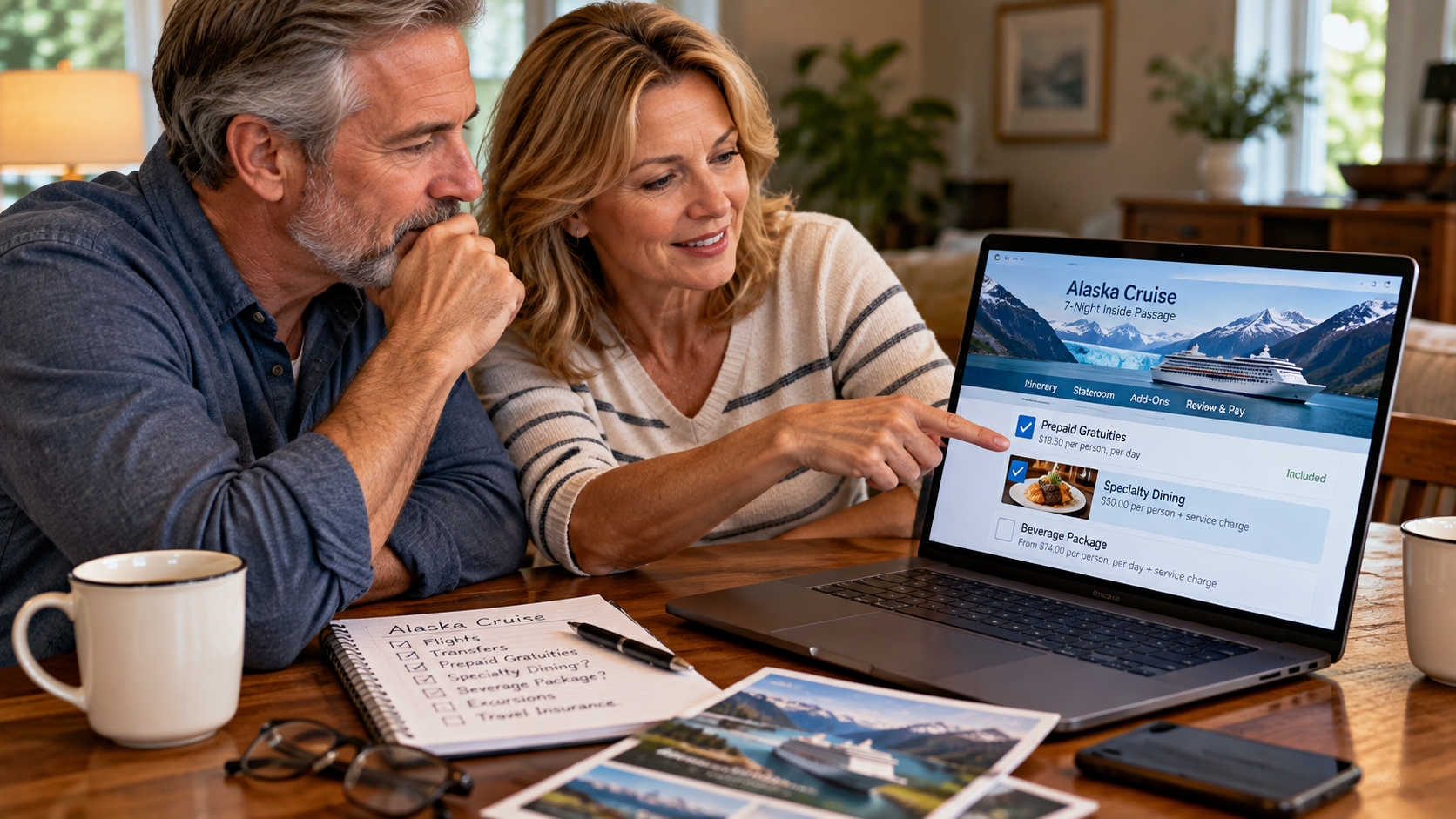 Couple at home reviewing an Alaska cruise booking on their laptop, with prepaid gratuities selected and a specialty dining option showing an additional service charge.
