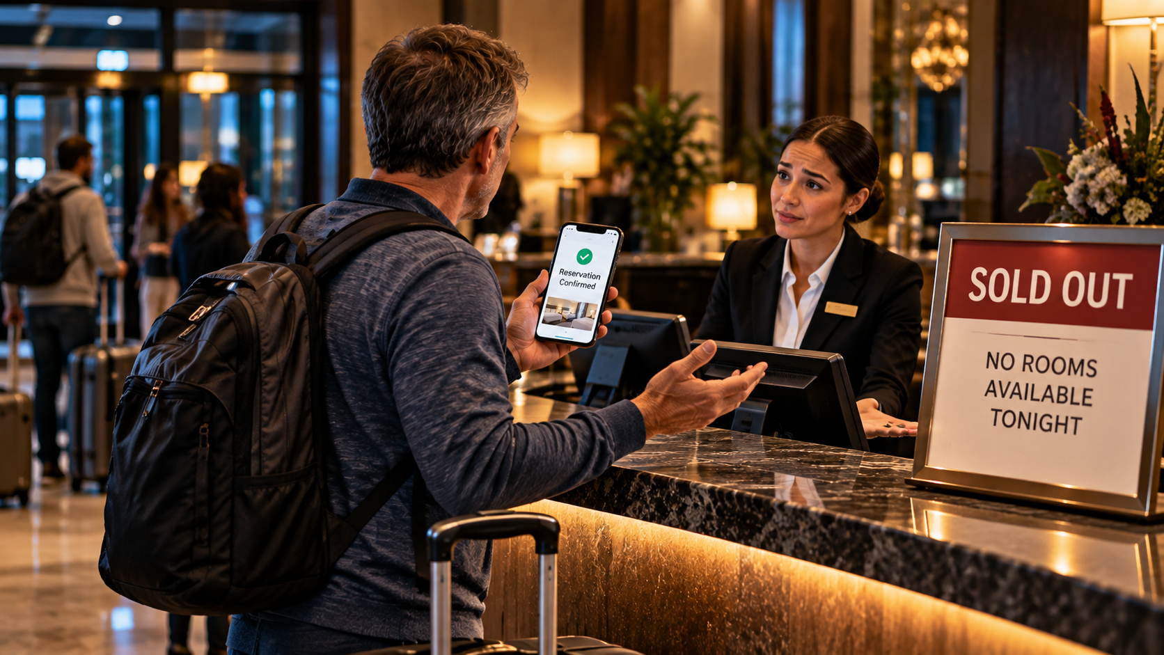 Traveler with luggage at a hotel front desk showing a confirmed reservation while a sold-out sign says no rooms are available tonight.
