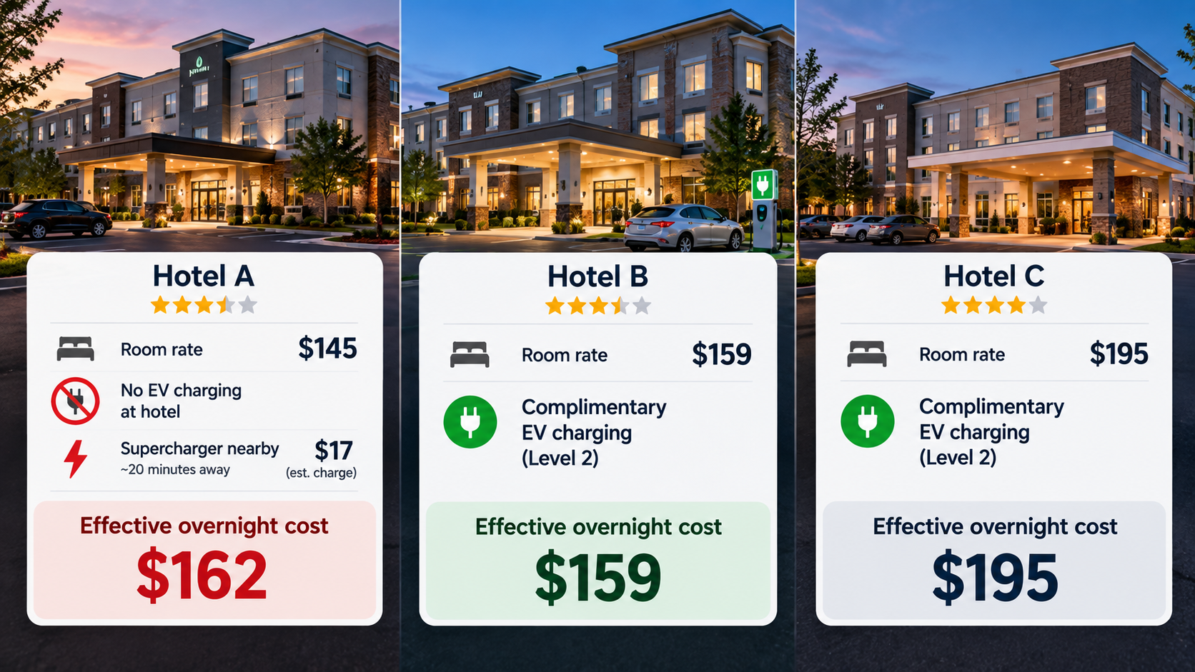 Comparison of three hotel prices showing how complimentary EV charging can affect the real cost of an overnight road-trip stop.