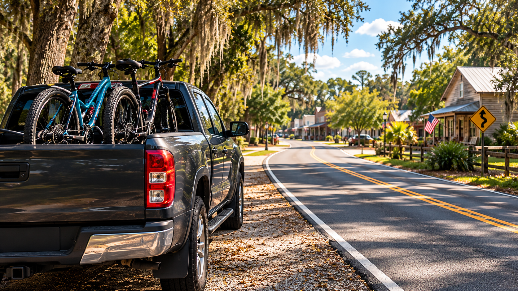 Gray pickup truck with two bicycles in its bed parked beside a quiet, tree-lined country road winding toward a small town.