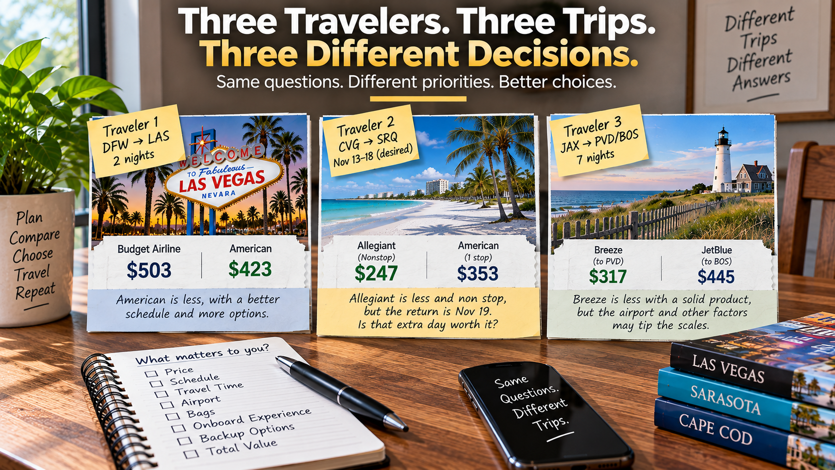 Travel comparison graphic showing three different travelers considering weekend travel to Las Vegas, a Sarasota trip and a week on Cape Cod, emphasizing that different trips can lead to different airline decisions.