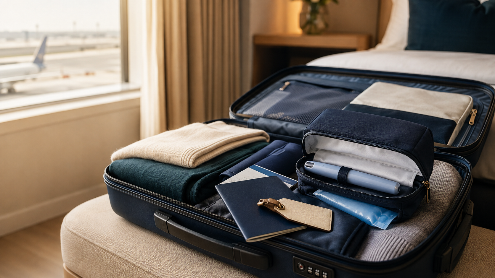 Open suitcase in an airport hotel room packed with clothing, travel documents, a cooling pack and an unbranded GLP-1 injection pen in an insulated case.