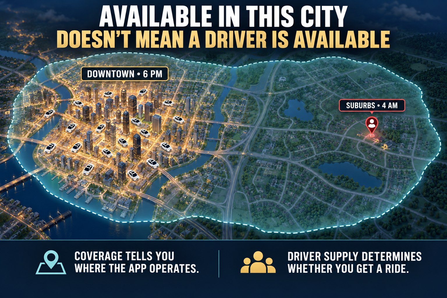 Rideshare coverage map showing numerous available drivers downtown at 6 p.m. but no nearby drivers for a suburban pickup at 4 a.m., despite both locations being inside the service area.