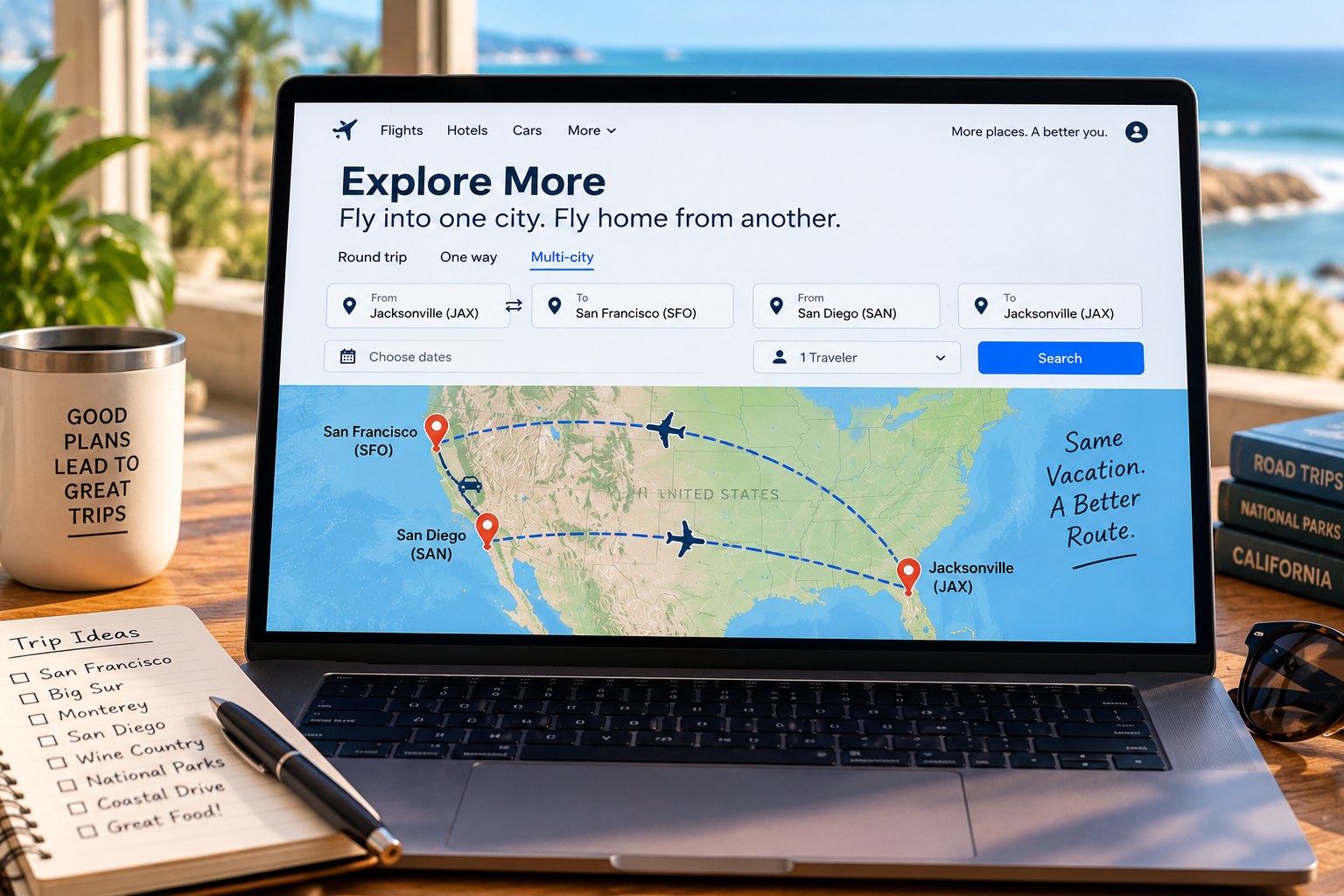 Laptop displaying a multi-city flight search from Jacksonville to San Francisco and San Diego to Jacksonville for an open-jaw California road trip.