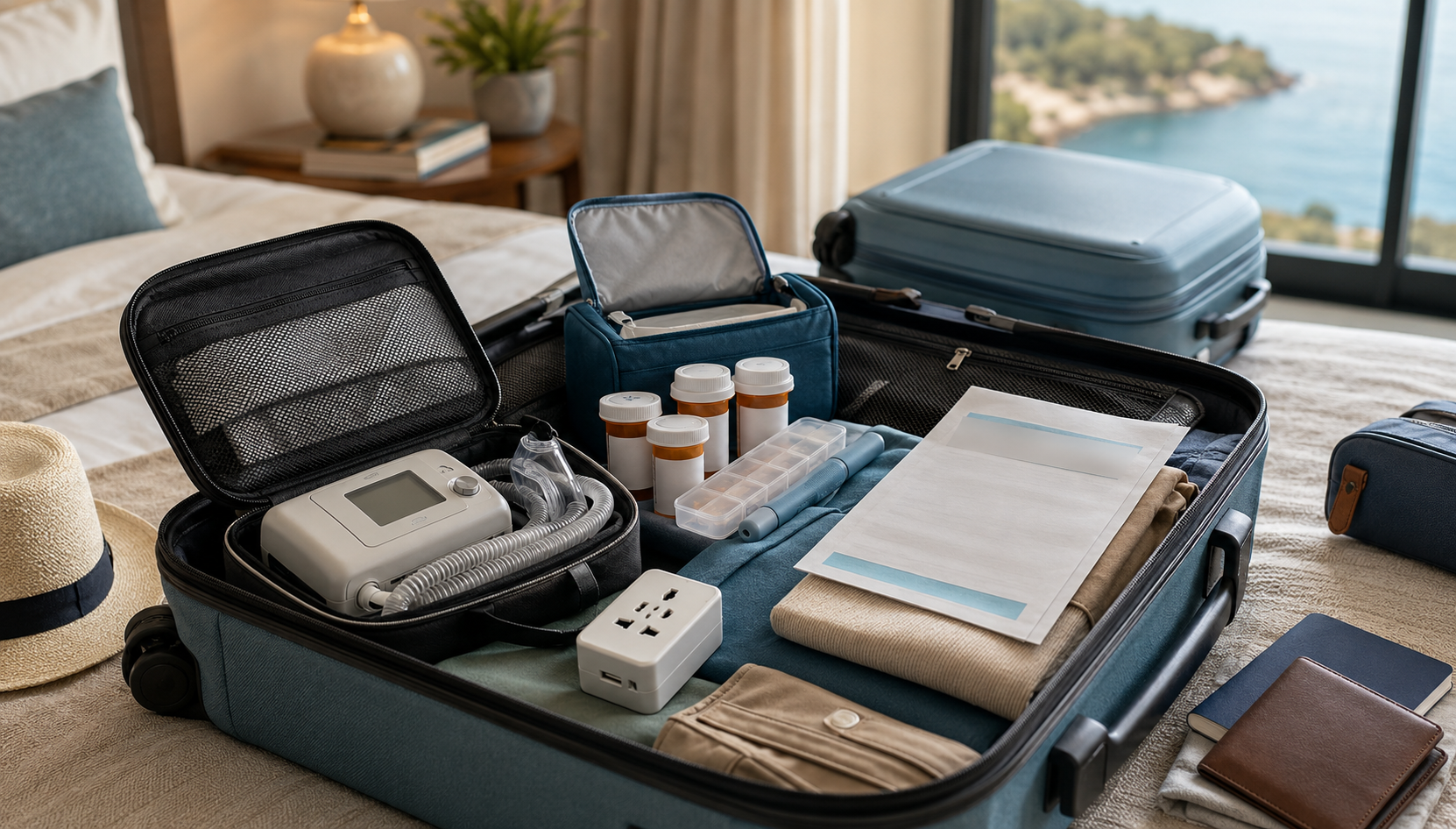 CPAP machine, prescription bottles, pill organizer and medical documents packed together for travel.