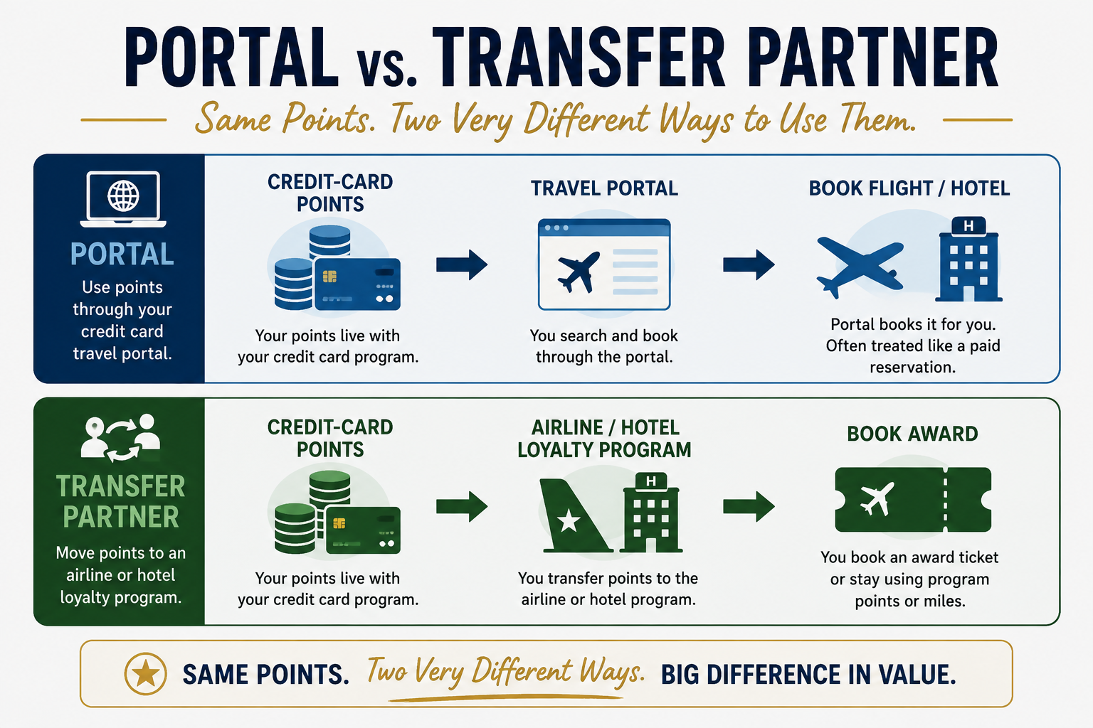 Infographic comparing two ways to use transferable credit-card points: booking through a credit-card travel portal or transferring points to an airline or hotel loyalty program to book an award.