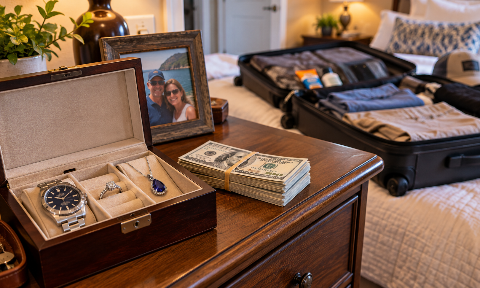 Watch, diamond engagement ring, tanzanite necklace, and banded stack of cash resting on an ordinary bedroom dresser beside an open jewelry box, with a vacation suitcase being packed in the background.
