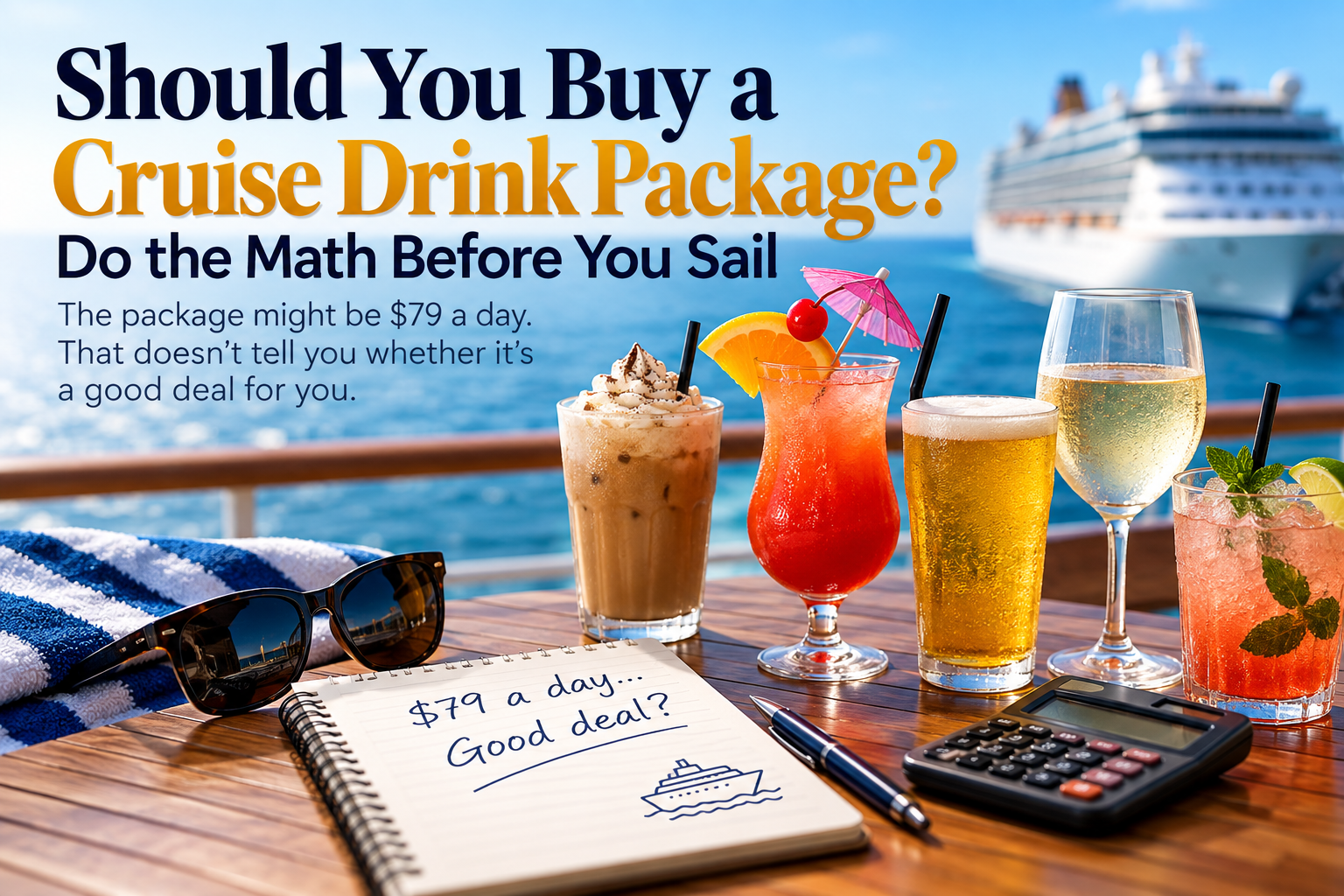 Cruise drink package graphic asking whether $79 per day is a good deal, illustrating the need to calculate the value before buying.