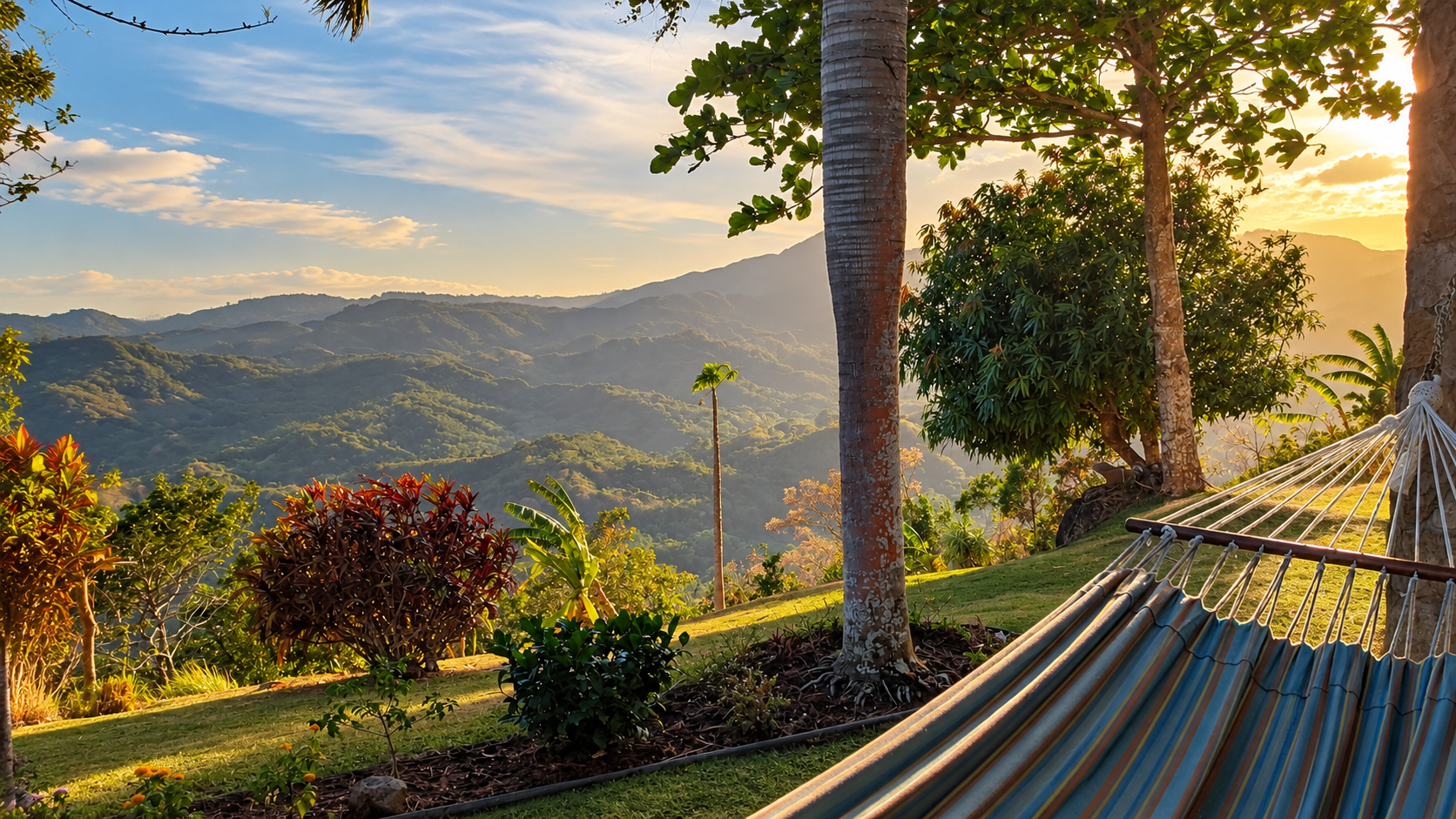 Empty hammock overlooking the sunlit hills near La Laguna, Panama.