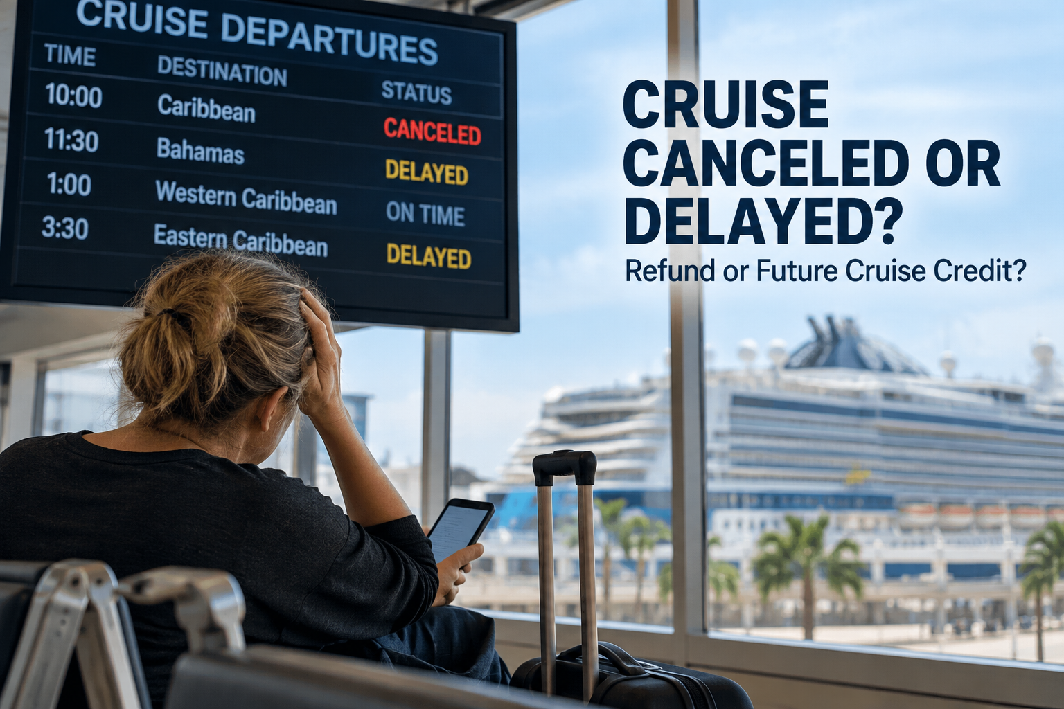 Traveler at a cruise terminal looking at canceled and delayed departure information while a cruise ship sits outside.