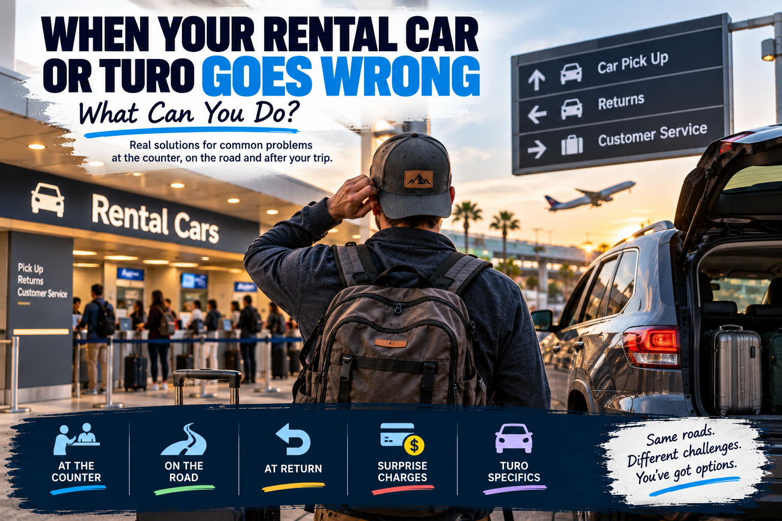 Traveler at a generic rental car counter with luggage and a rental vehicle, illustrating common rental car and Turo problems and what travelers can do when something goes wrong.
